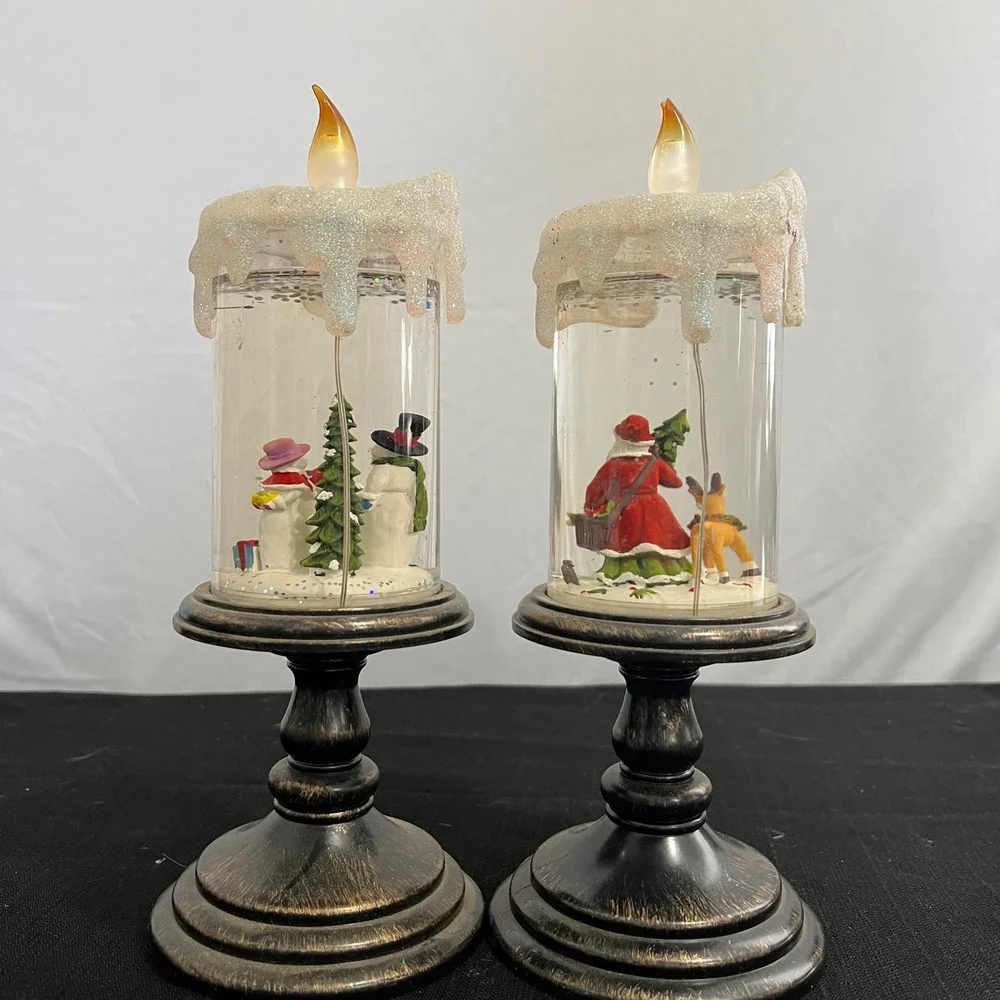 Set of‎ 2 Christmas Snow Globe LED Candles Santa Snowman Pedestal 10.5 Inch